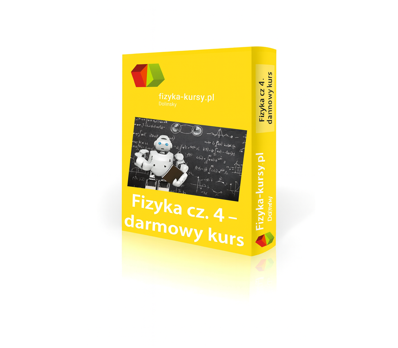 Fizyka cz.4 darmowy kurs żółte pudełko darmowego kursu z fizyki na którym jest zdjęcie robota na tle tablicy
