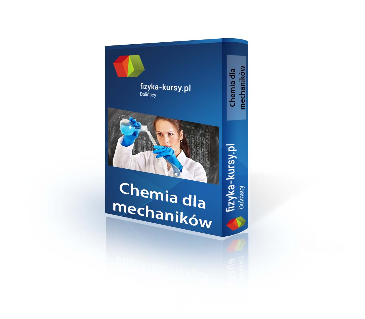 Na pudełki kursu znajduje się zdjęcie kobiety pracującej w laboratorium chemicznym 